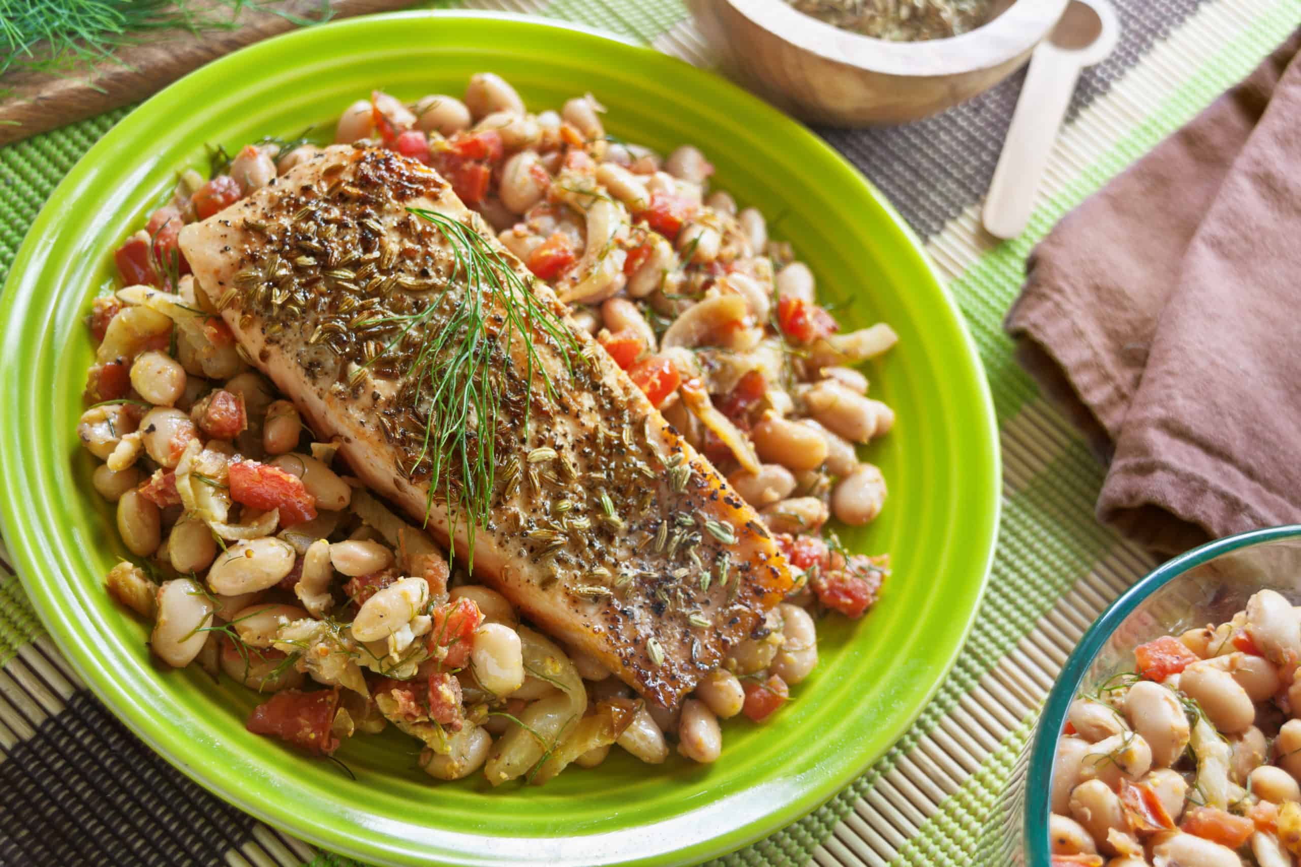 Fennel-Crusted Salmon on White Beans - Guiding Stars
