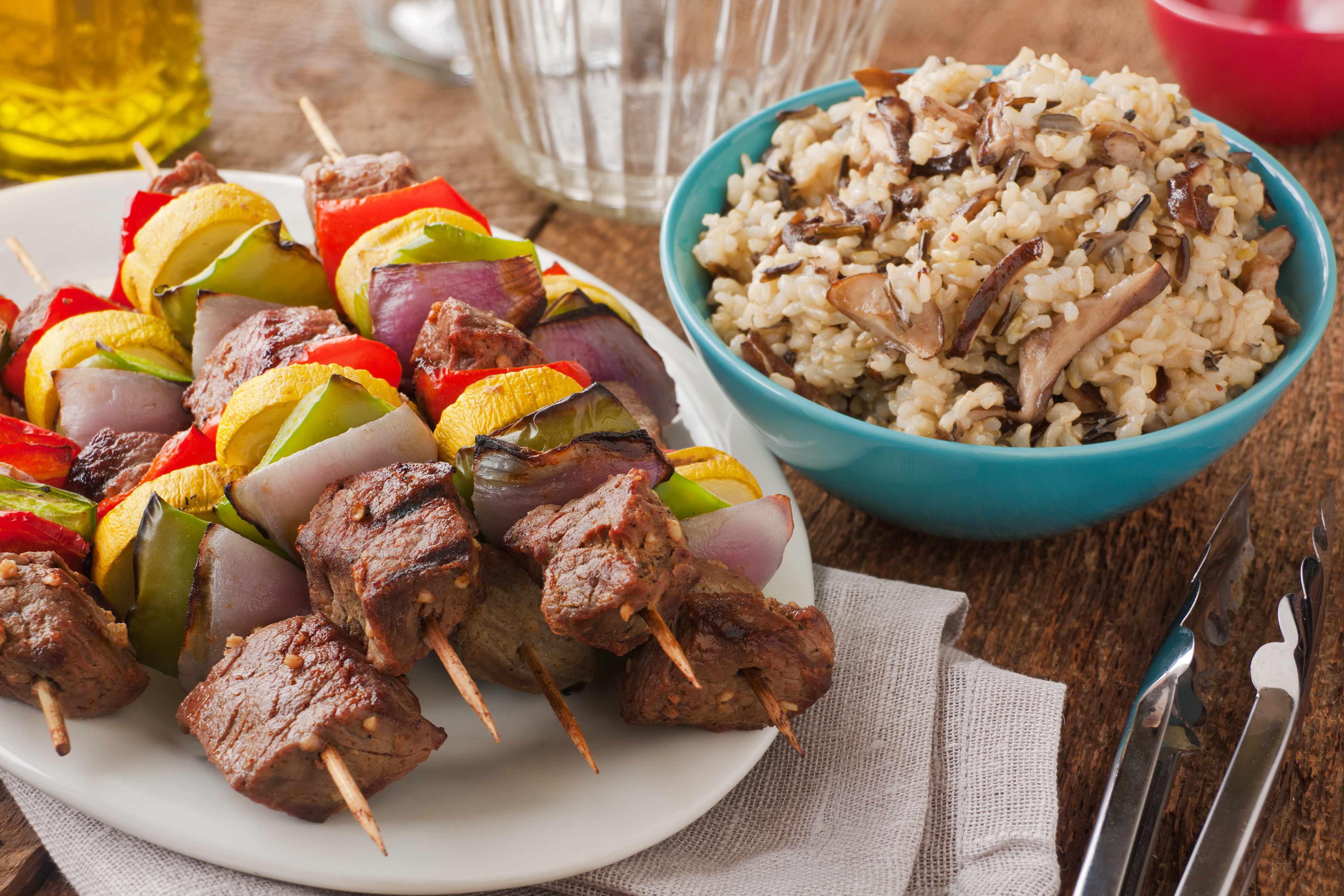 Dijon Wine Steak Kabobs with Mushroom Wild Rice