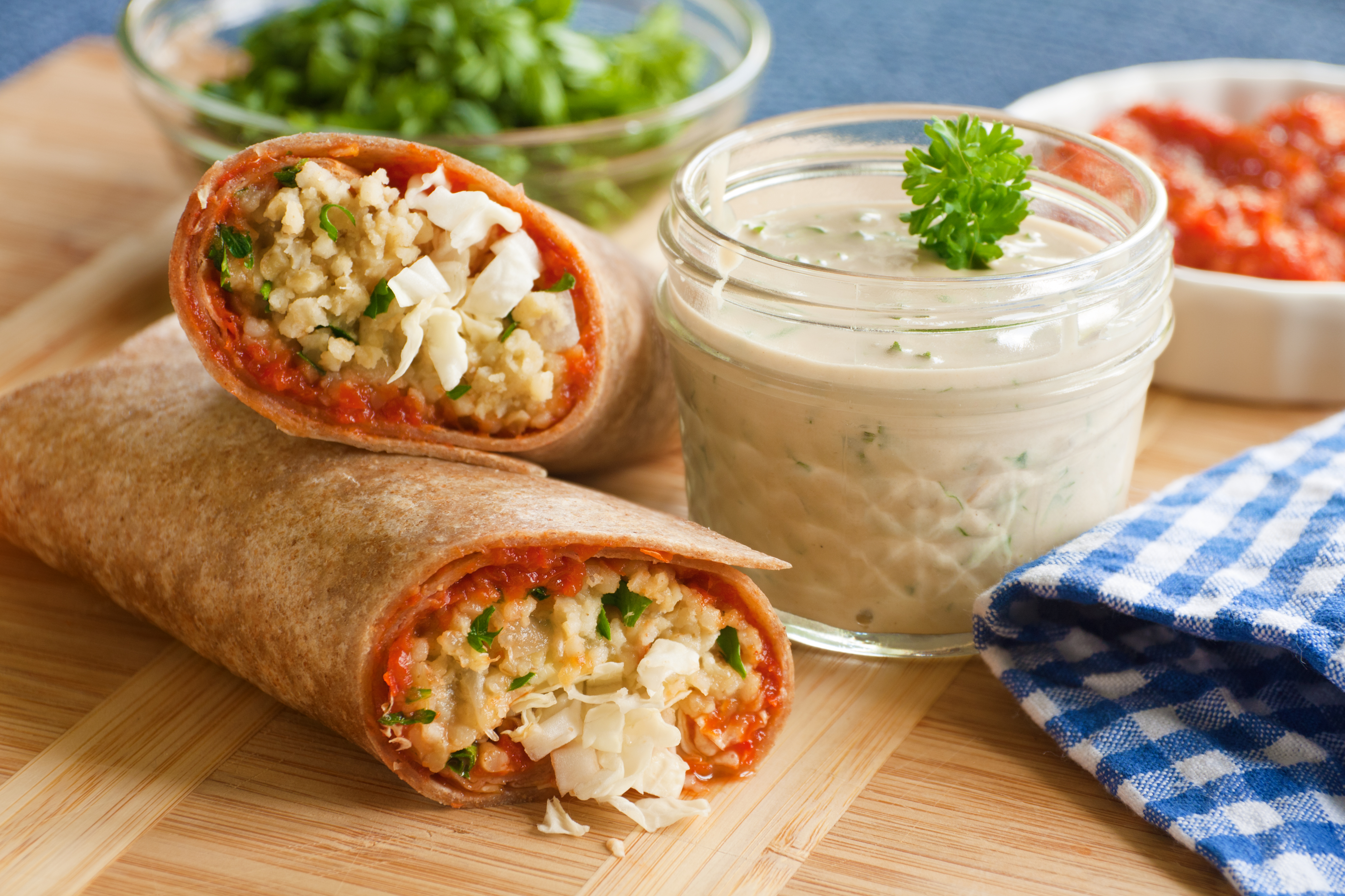 Spicy Lentil Wraps with Red Pepper Paste and Tahini Sauce