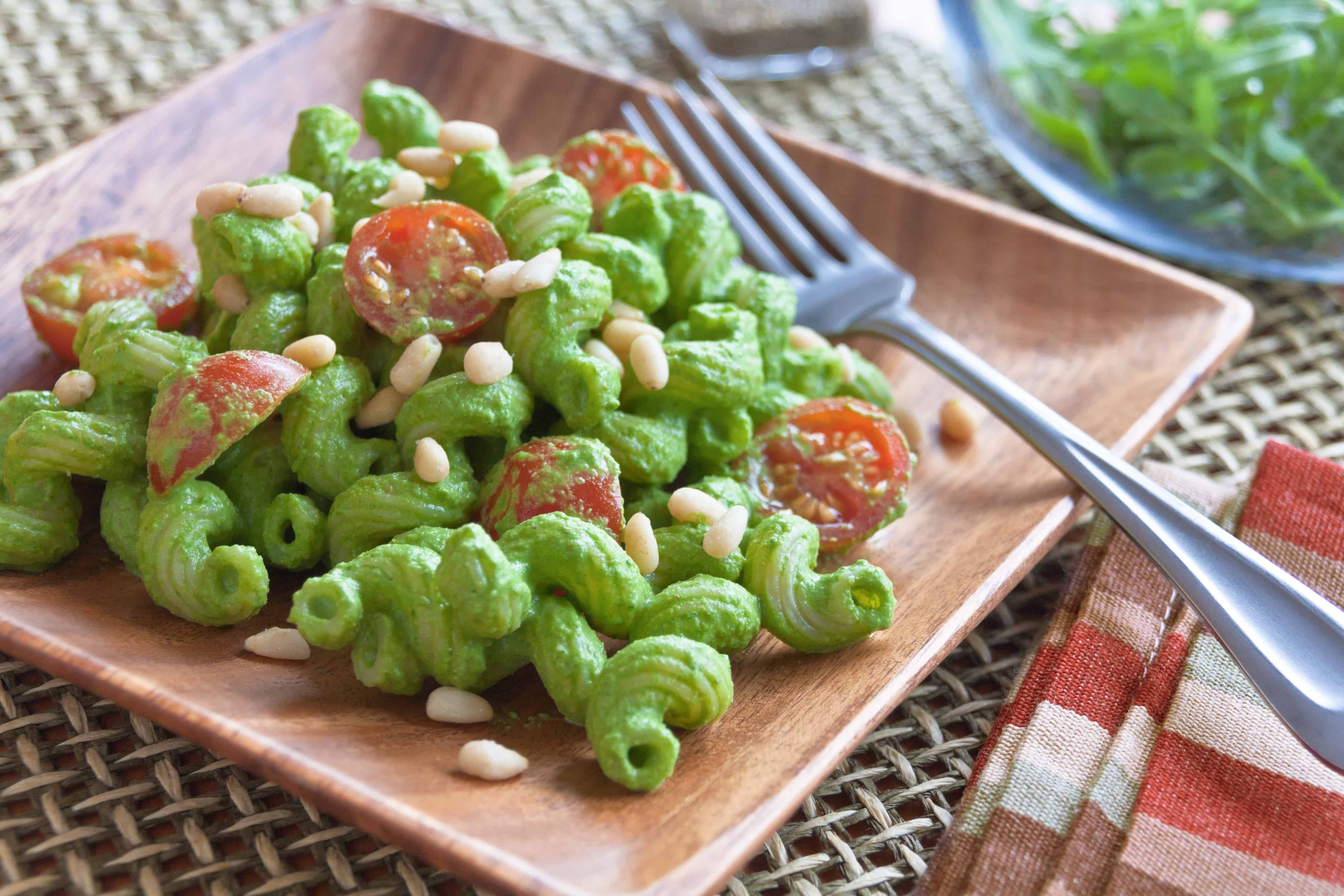 Arugula Pesto Cavatappi with Cherry Tomatoes - Guiding Stars