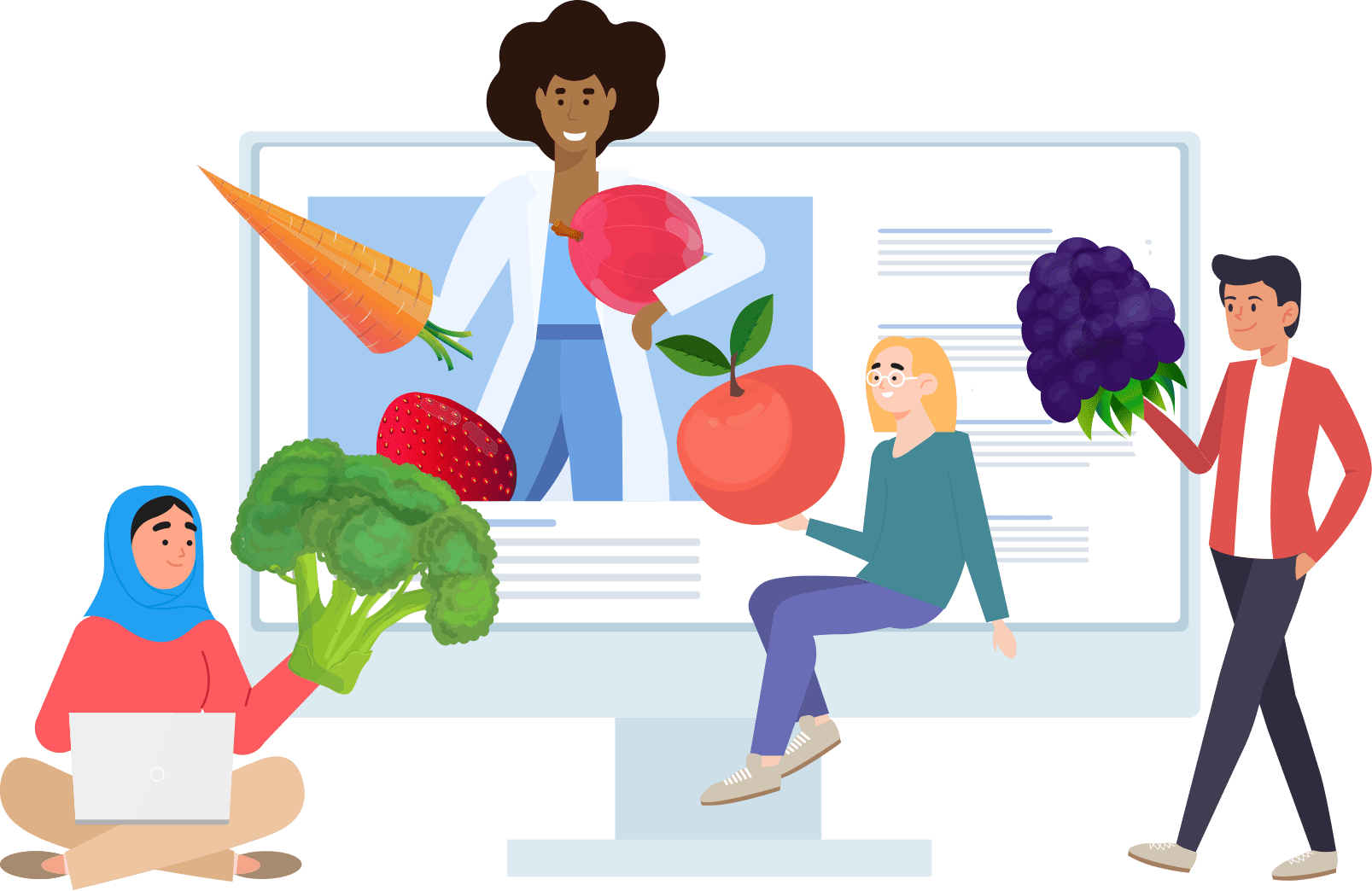 Illustration of people around a computer with fruit and veggies