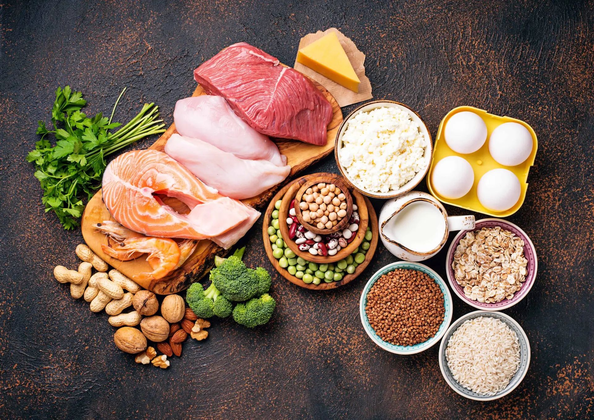 Selection of high-protein foods like meat and eggs