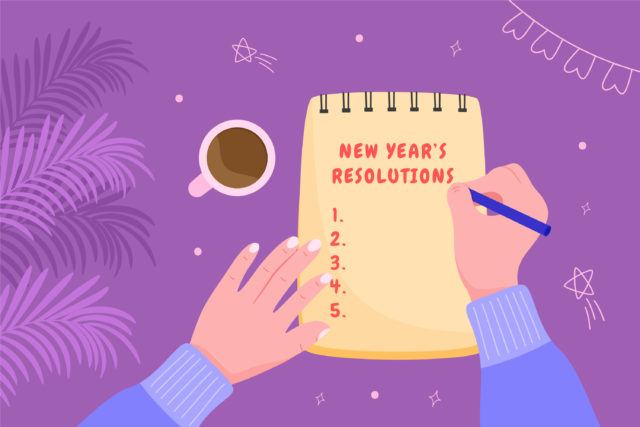 An illustration of a note pad with New Year's Resolutions at the top of a numbered list.